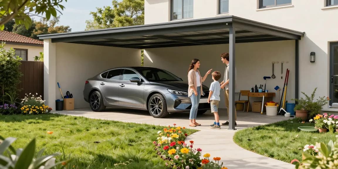 Moderner Carport schützt ein neues Auto im Garten mit Blumen und lebendigem Grün.