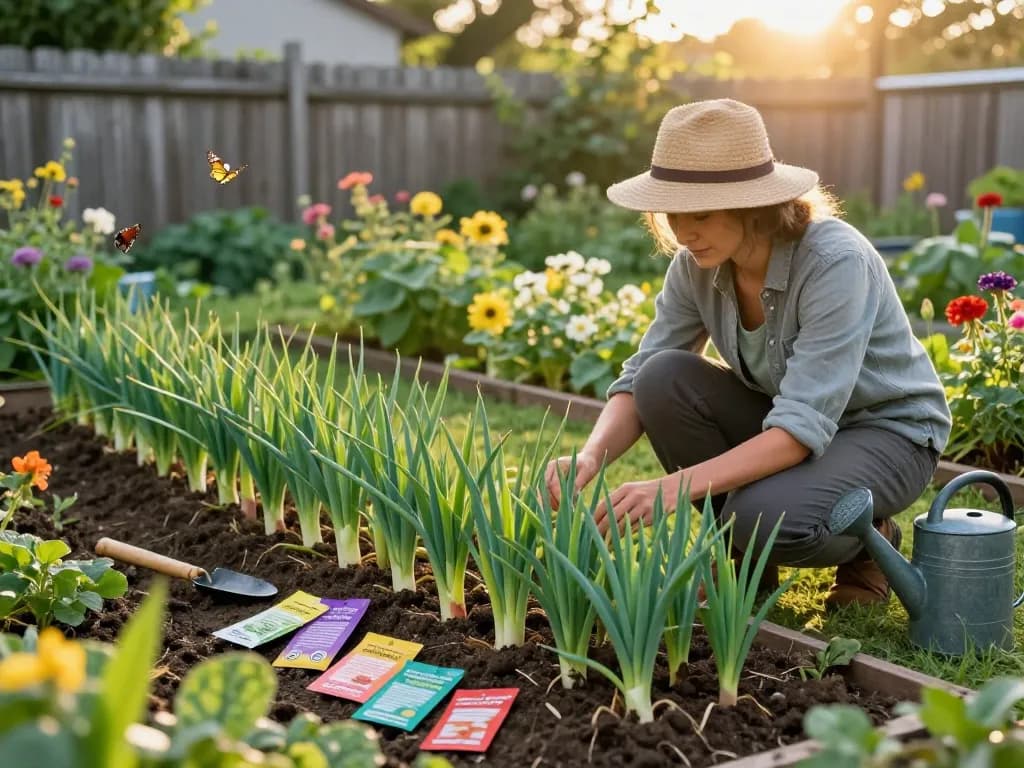 Gardeners nurturing sommerporree in a vibrant home garden at sunset.