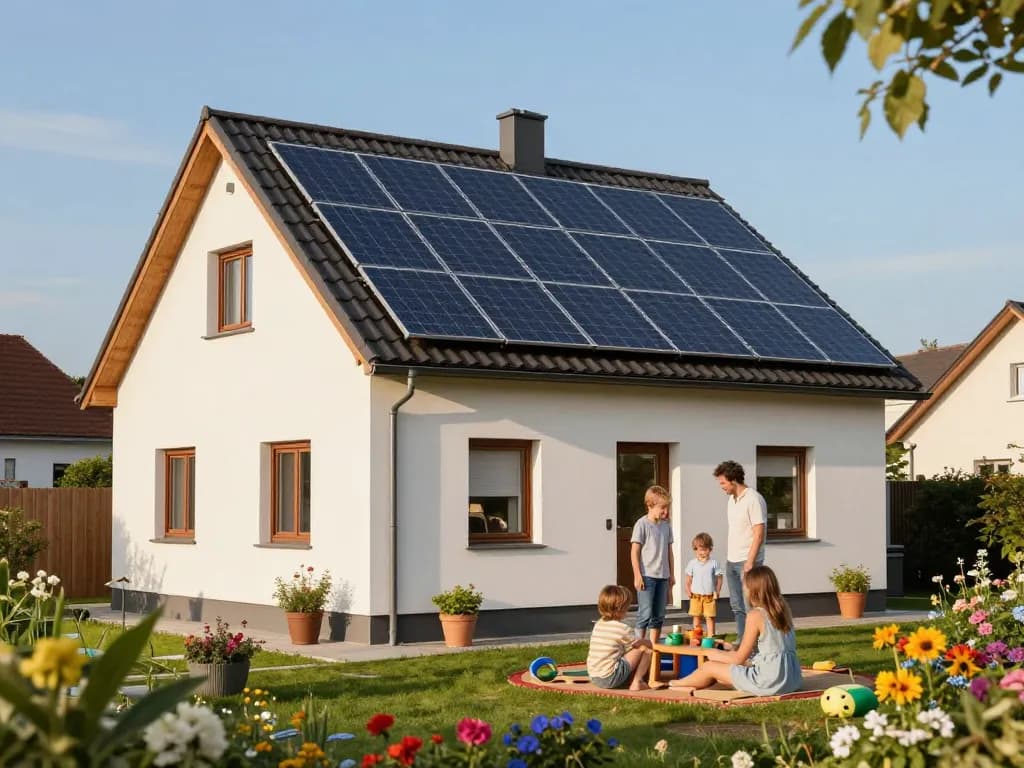Solar Wien Hausbesitzer genießen den Gartenbereich mit Solarpanels auf dem Dach, die nachhaltiges Leben fördern.