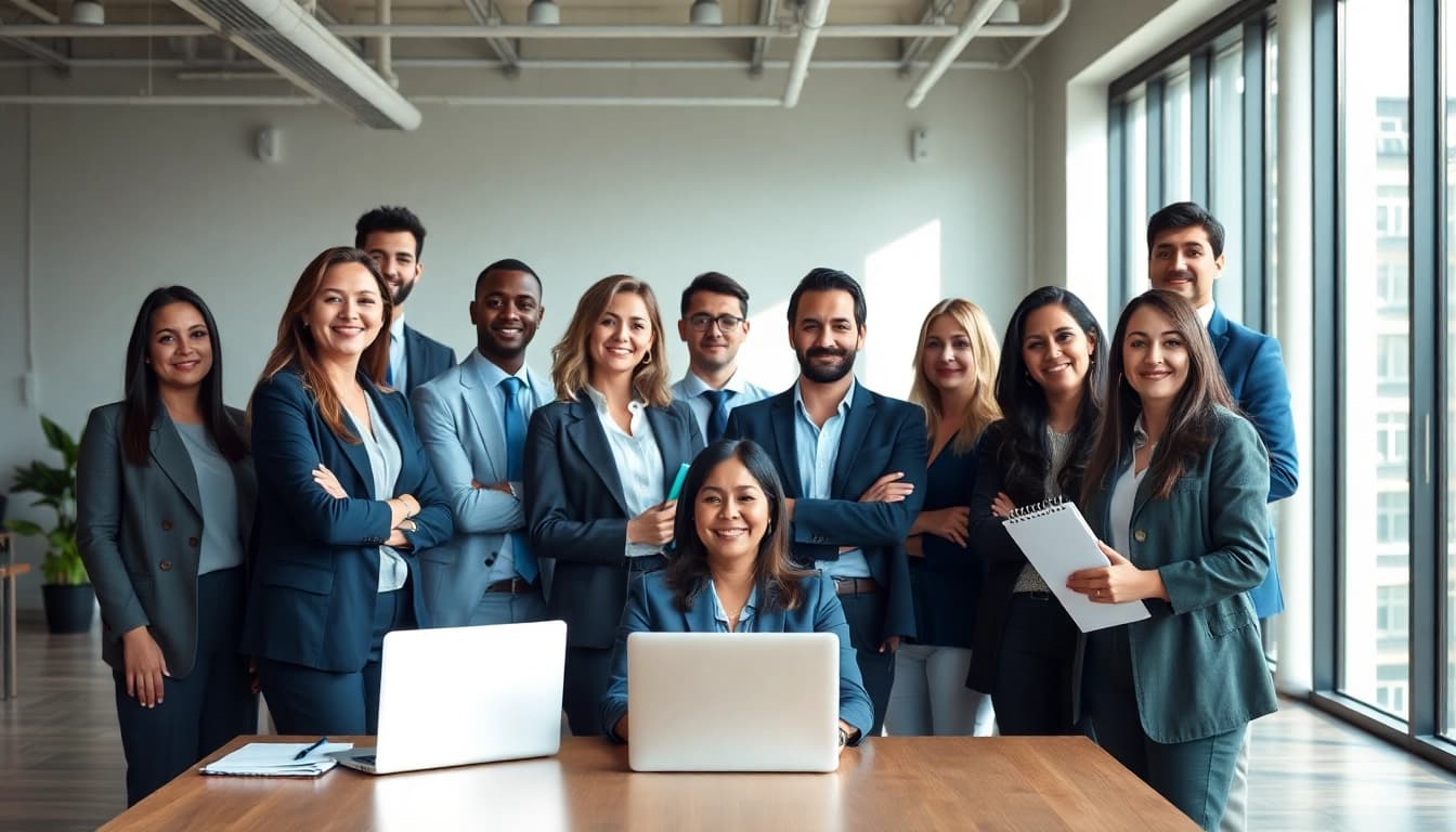 Using the best headshot AI generator, a diverse group of professionals poses confidently in a bright office.