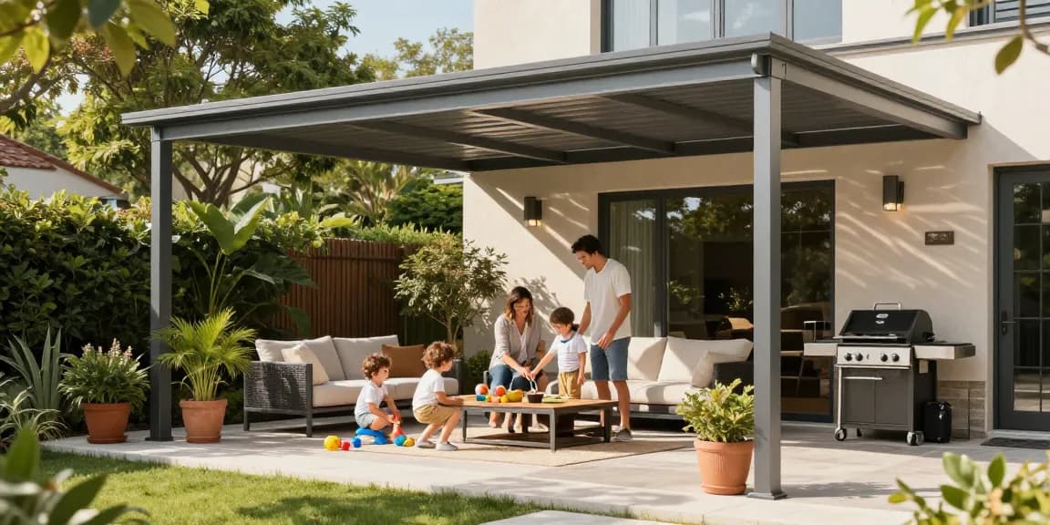 Familie genießt eine Zeit auf der Terrasse unter einer modernen Terrassenüberdachung aus Aluminium, umgeben von Pflanzen und gemütlichem Mobiliar.