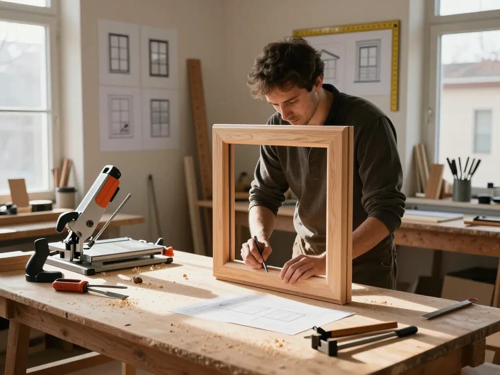 Handwerker arbeitet an Holzfensterrahmen in einer Fensterbauwerkstatt.