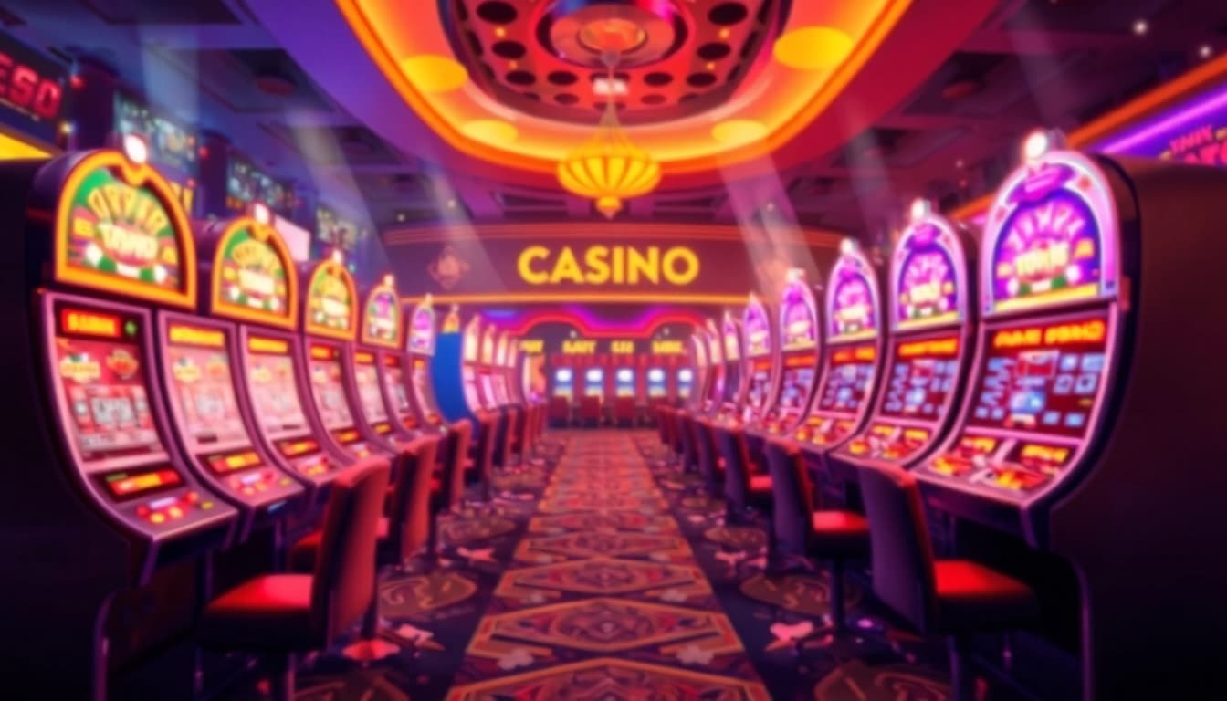 Erlebe aufregende Casino Bonus-Optionen mit Spielautomaten und freudigen Spielern im Fokus.