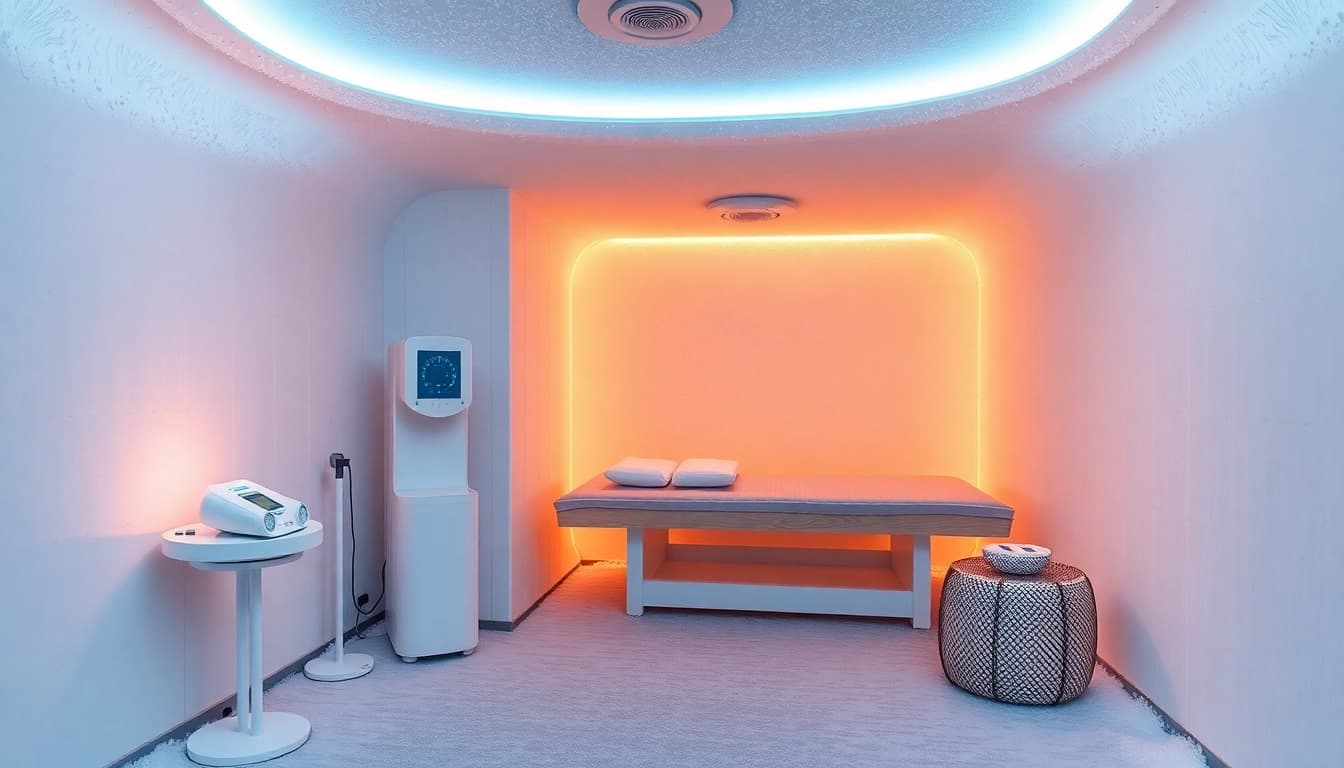 Kältekammer Interior mit moderner Kryotherapie-Technologie, die eine revitalisierende Erfahrung bietet.