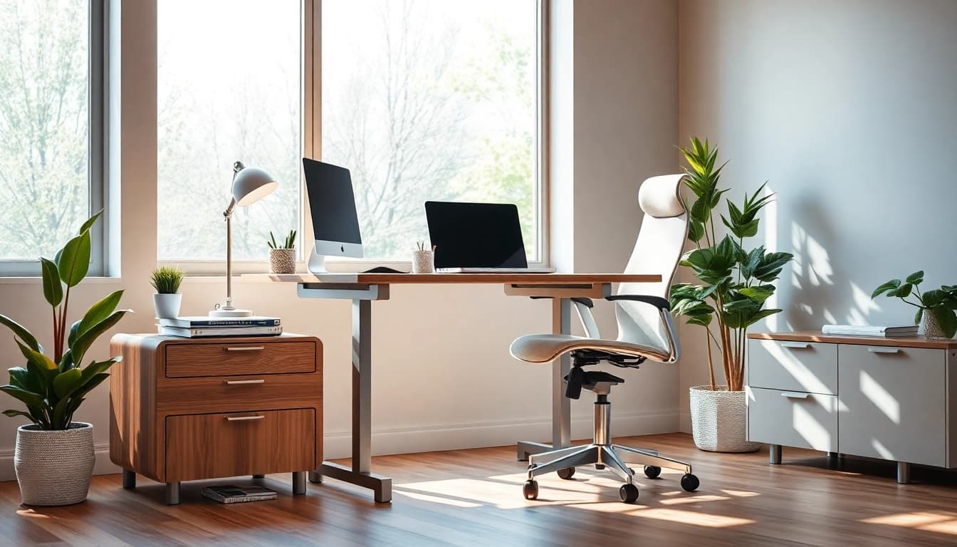 Büromöbel in einer modernen Büroeinrichtung mit ergonomischem Schreibtisch und Stuhl.