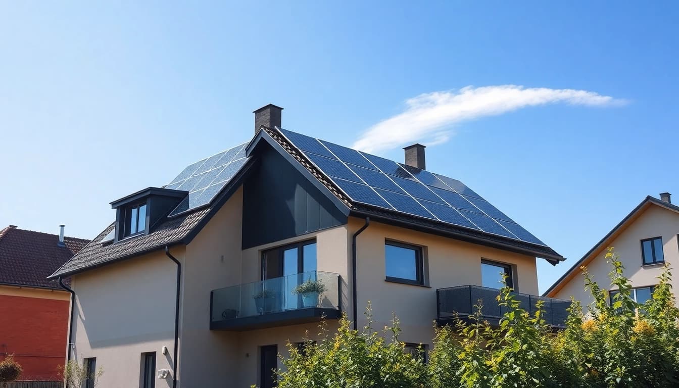Solaranlage kaufen für Ihr Zuhause mit modernem Design und optimaler Effizienz auf einem klaren Himmel hinterlegt.