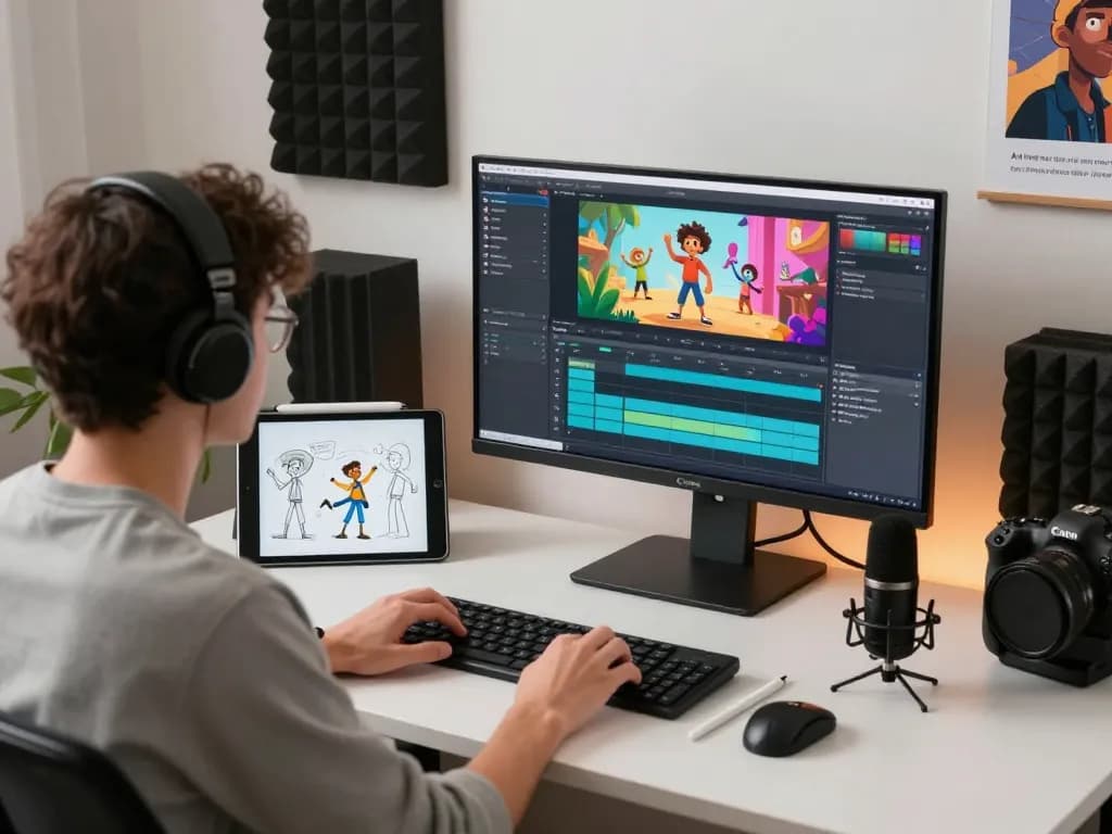 Dynamic animation workspace using motion control AI with character sketches and software on monitor.
