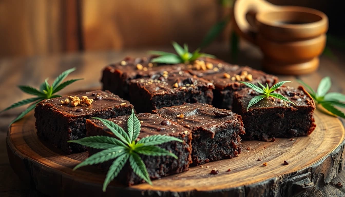 Delicious cannabis brownies topped with cocoa powder and herbs.