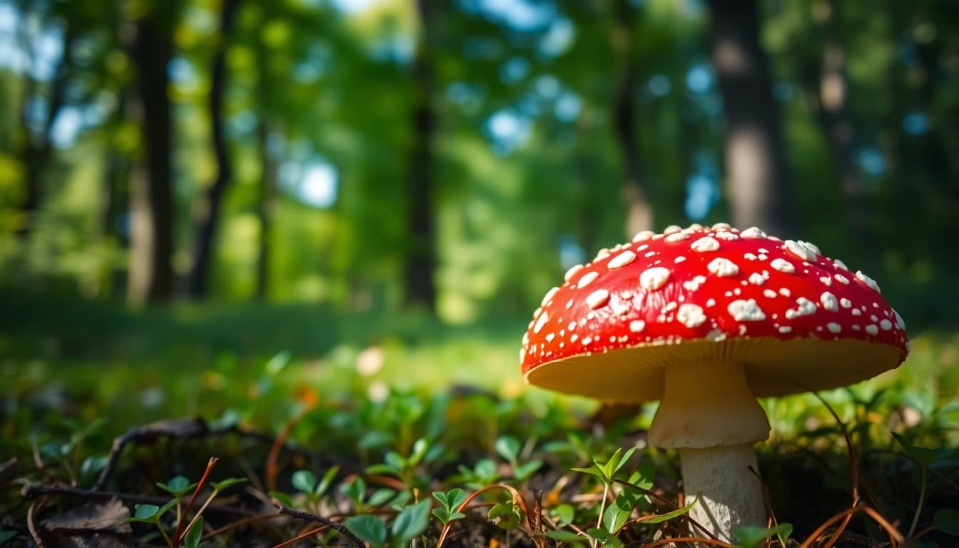 Amanita muscaria kaufen: Nähere Betrachtung eines leuchtenden Fliegenpilzes in einem Wald.