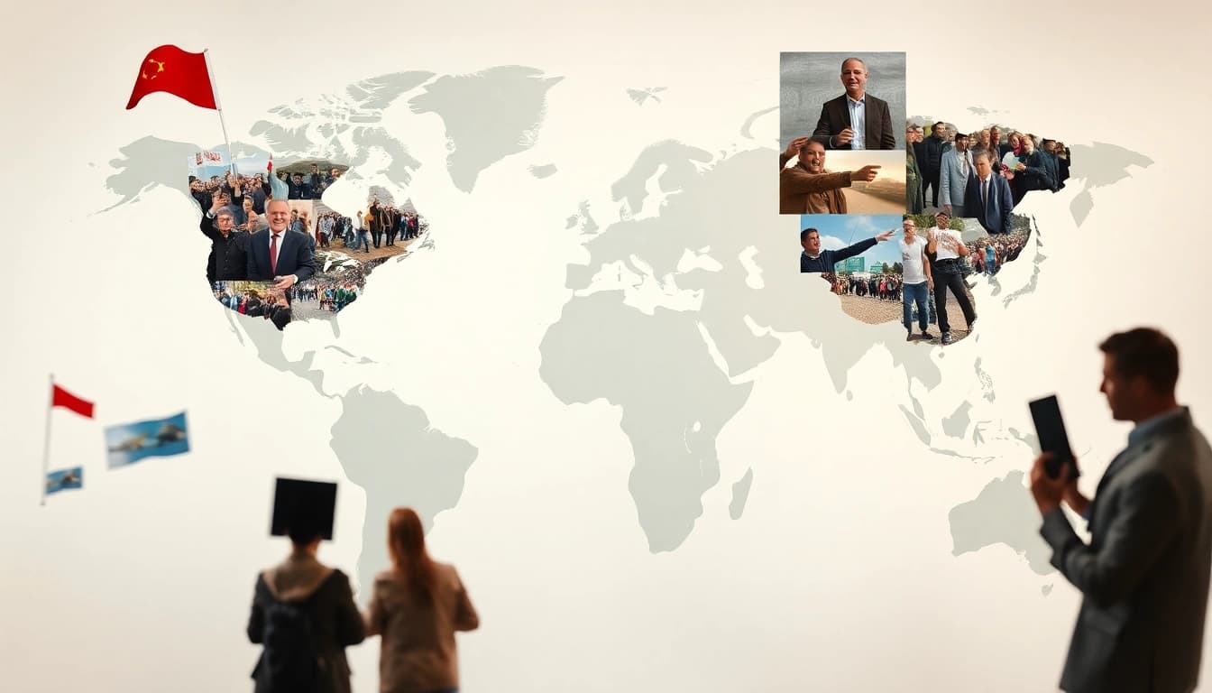 Internationale Nachrichten: Zusammenspiel von Weltkarten und Ereignisbildern, das globale Ereignisse visuell in Szene setzt.