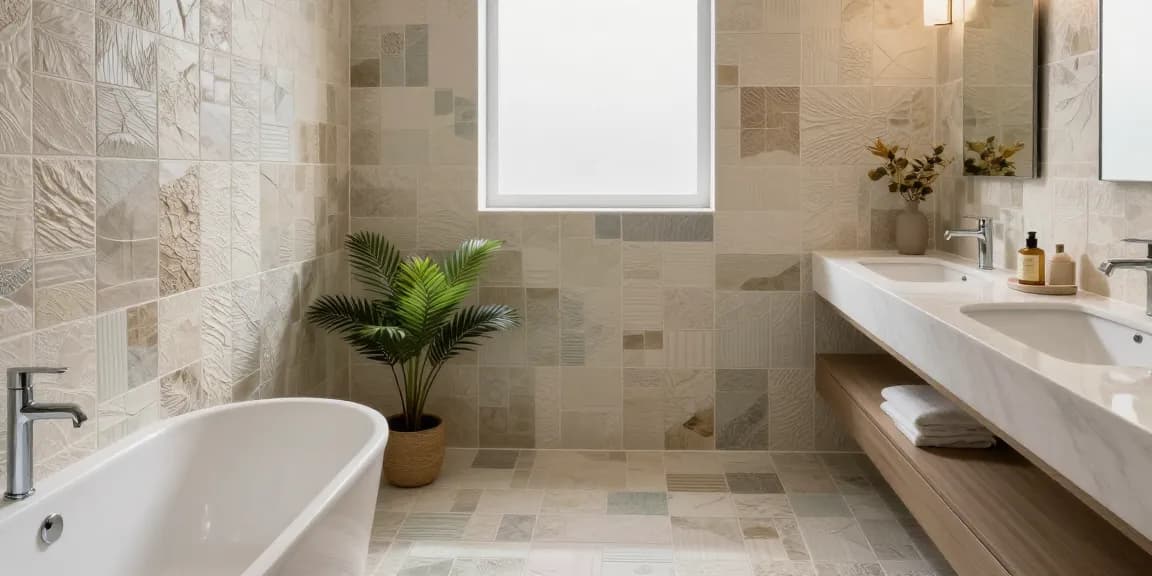Stijlvolle badkamer met badkamer tegels met relief in serene interieurontwerp.