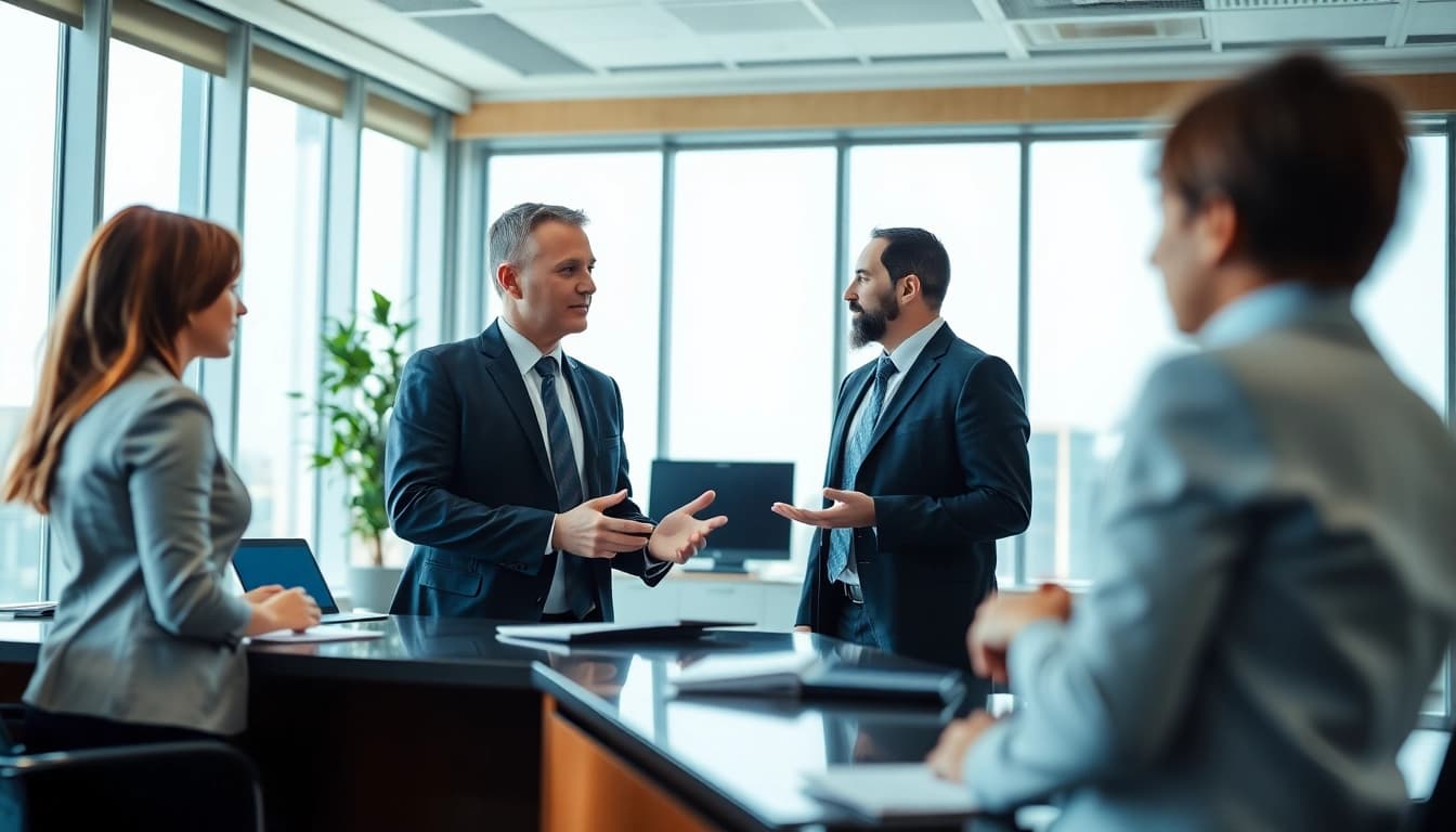 Headhunter Schweiz führt ein Gespräch mit einem Kandidaten in einem modernen Büro.