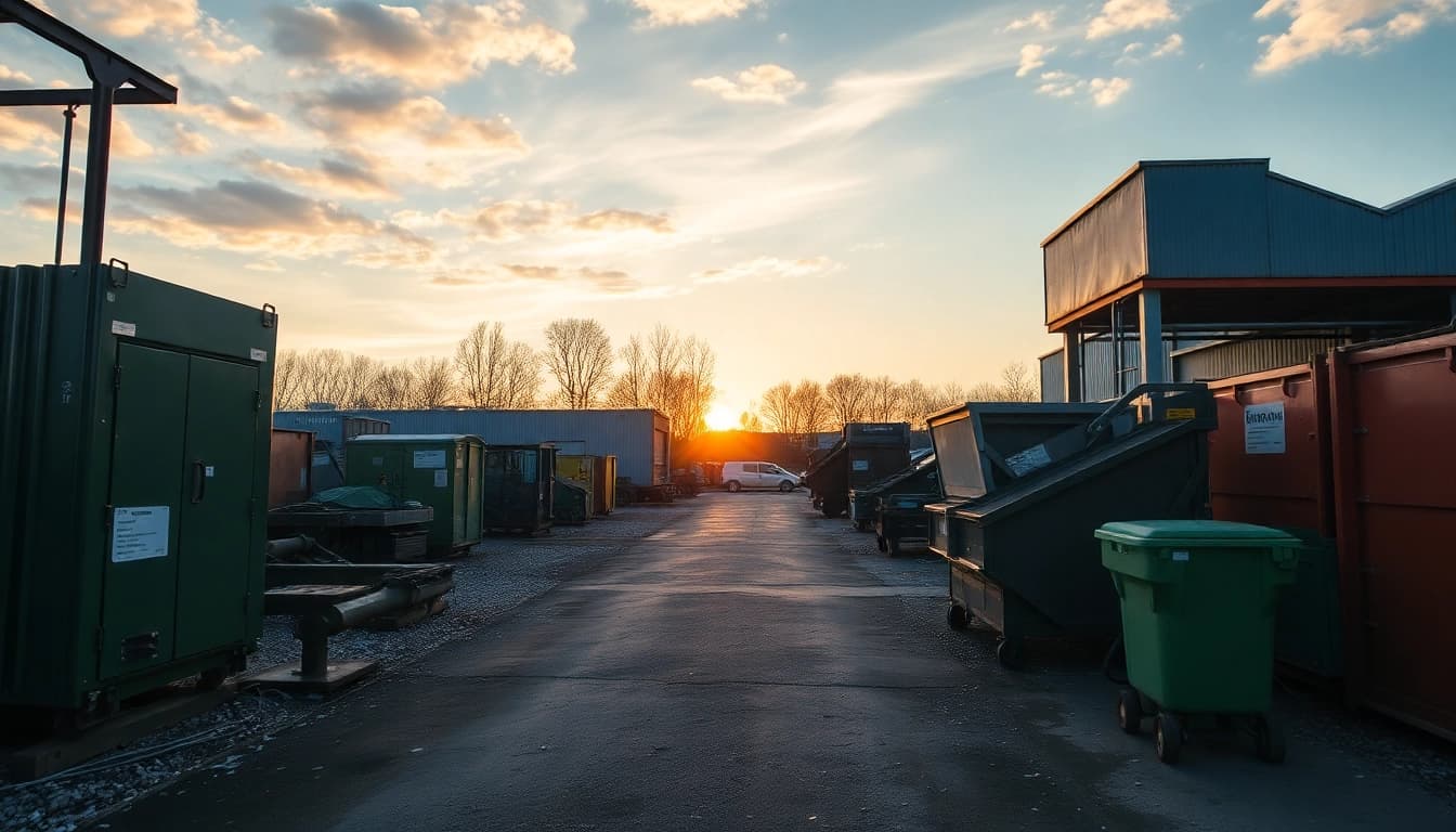 Schrottplatz Duisburg: Schrotthaufen und Recyclinggeräte in einem umweltfreundlichen Umfeld.