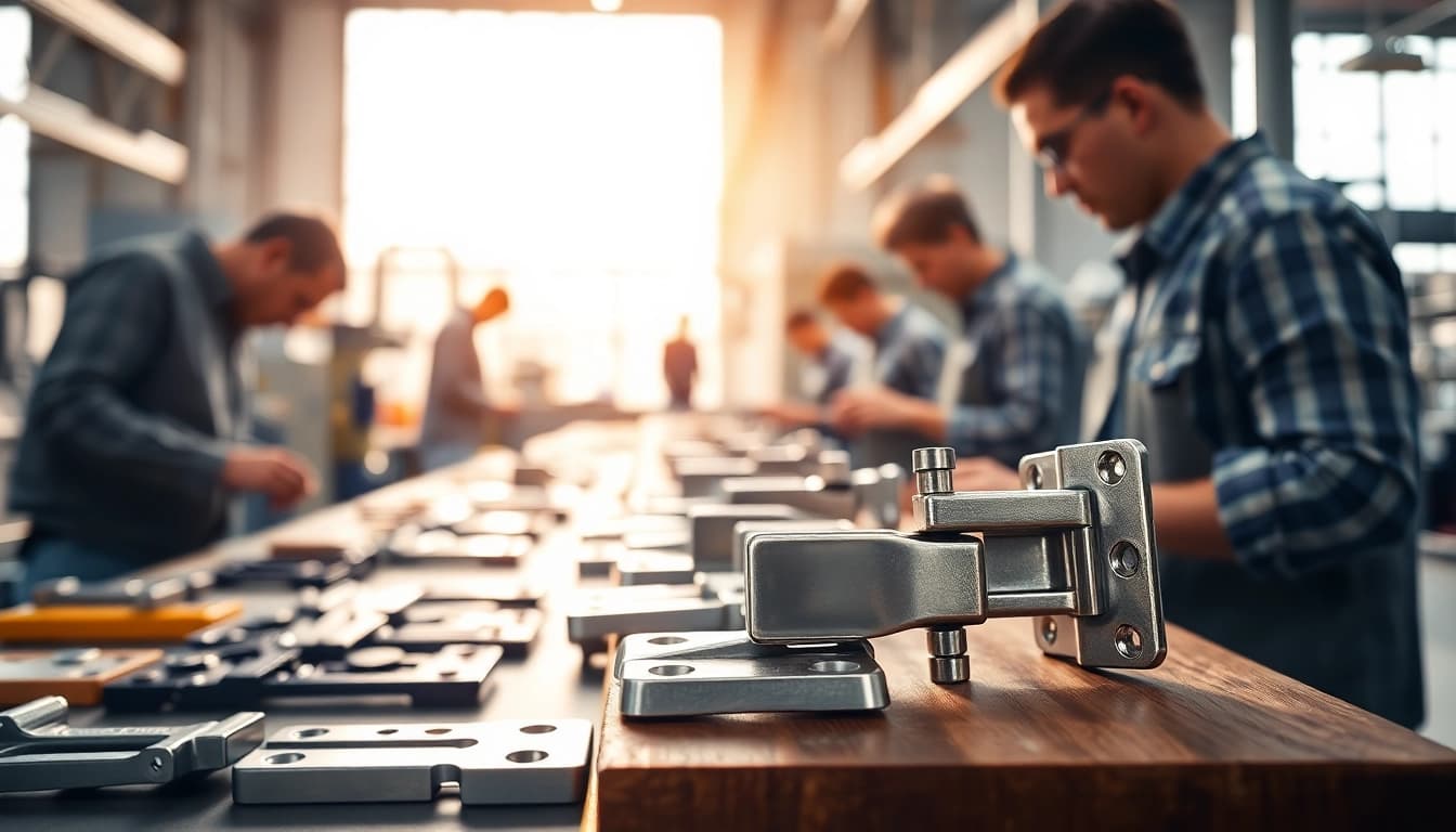 Hinge Supplier manufacturing precision hinges with skilled workers in a modern factory setting.