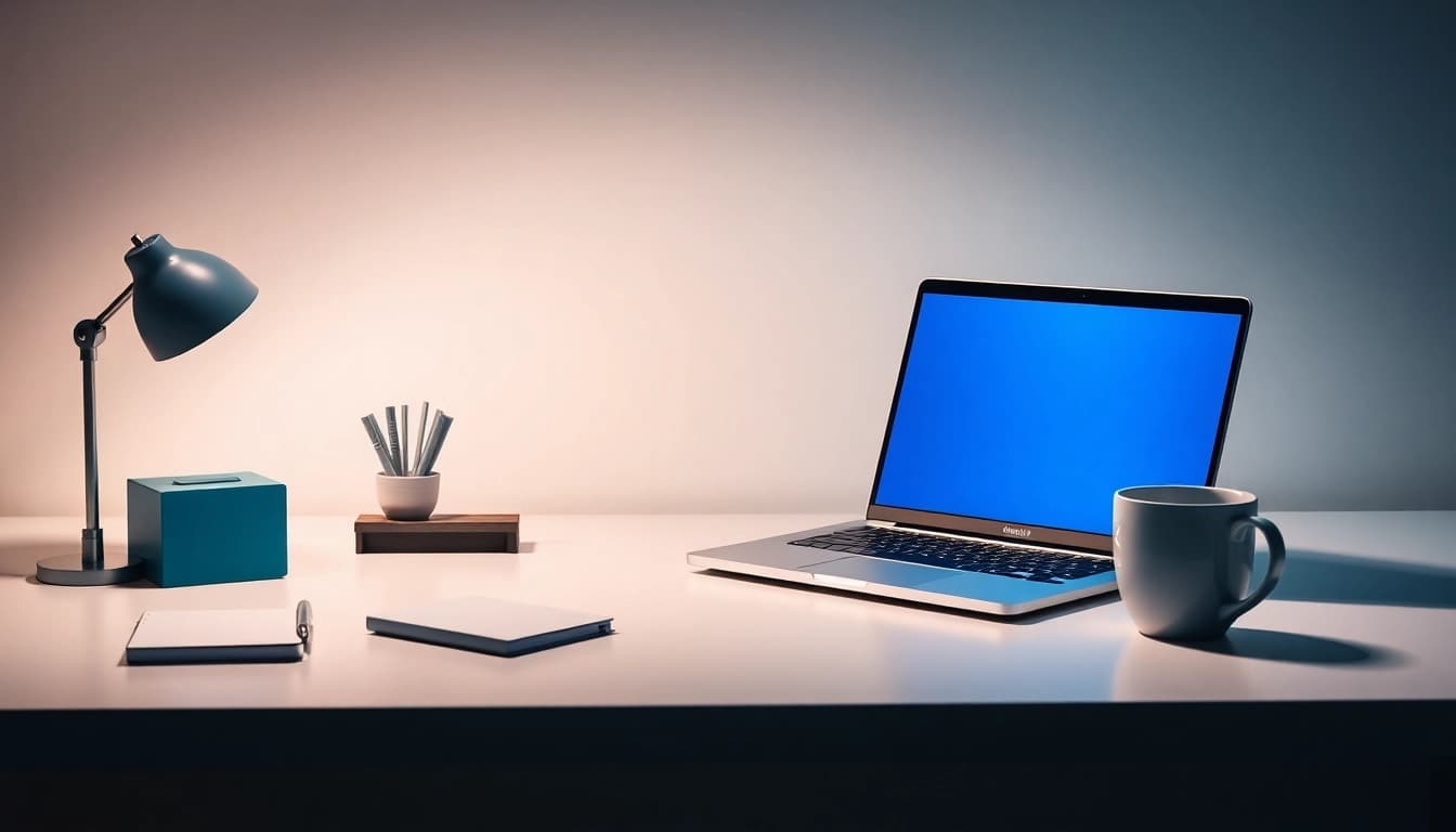Stellenangebote - Zeigen Sie einen stilvollen und organisierten Arbeitsplatz mit Laptop und Notizen.