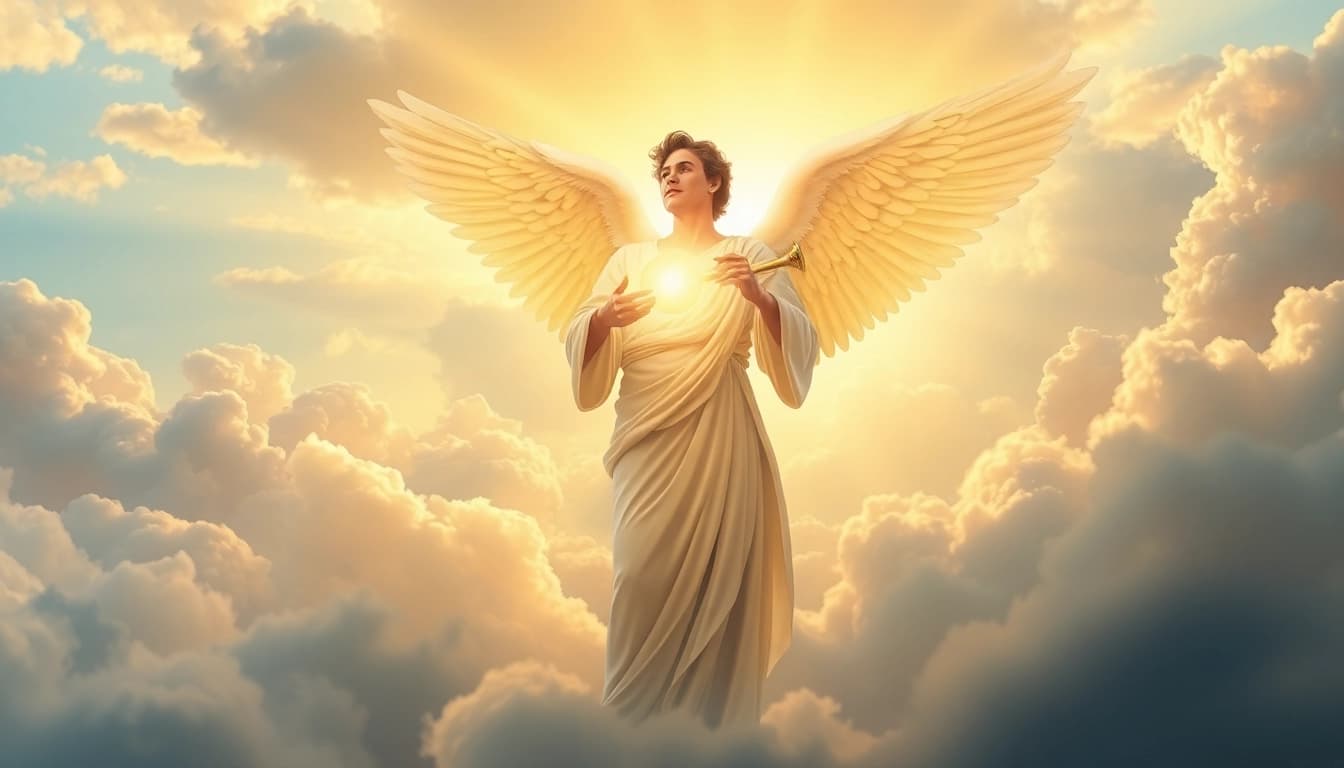 Erzengel Gabriel in einer heiligen Darstellung mit leuchtendem Trompeten in den Wolken.