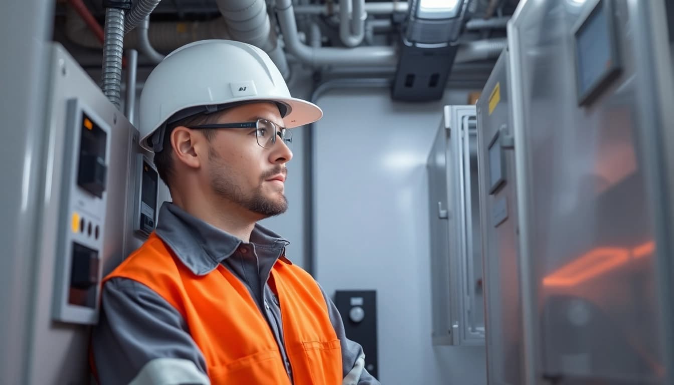 Ensure safety compliance with a technician conducting a DGUV V3 Prüfung on electrical equipment in a modern workspace.
