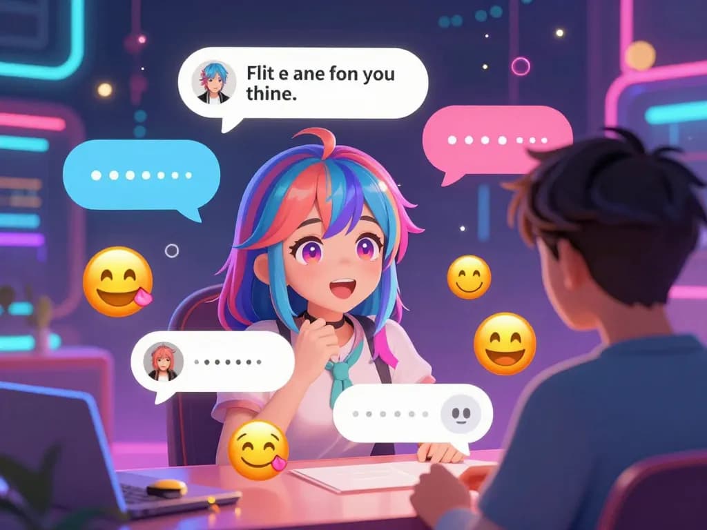 Interactive hentai ai chat with vibrant character and dynamic chat bubbles in a fantasy digital landscape.
