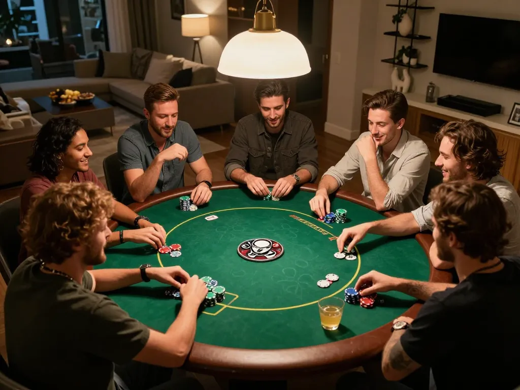 Friends enjoying poker night at home, engaging with 888NEW for online gaming excitement