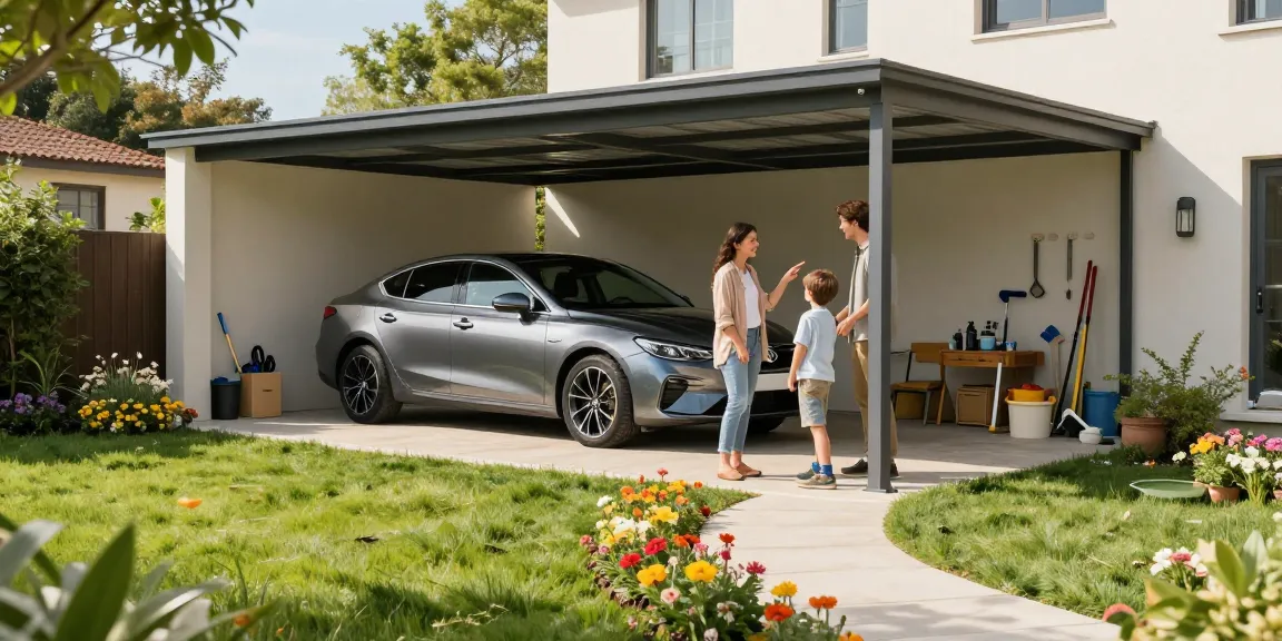 Moderner Carport schützt ein neues Auto im Garten mit Blumen und lebendigem Grün.
