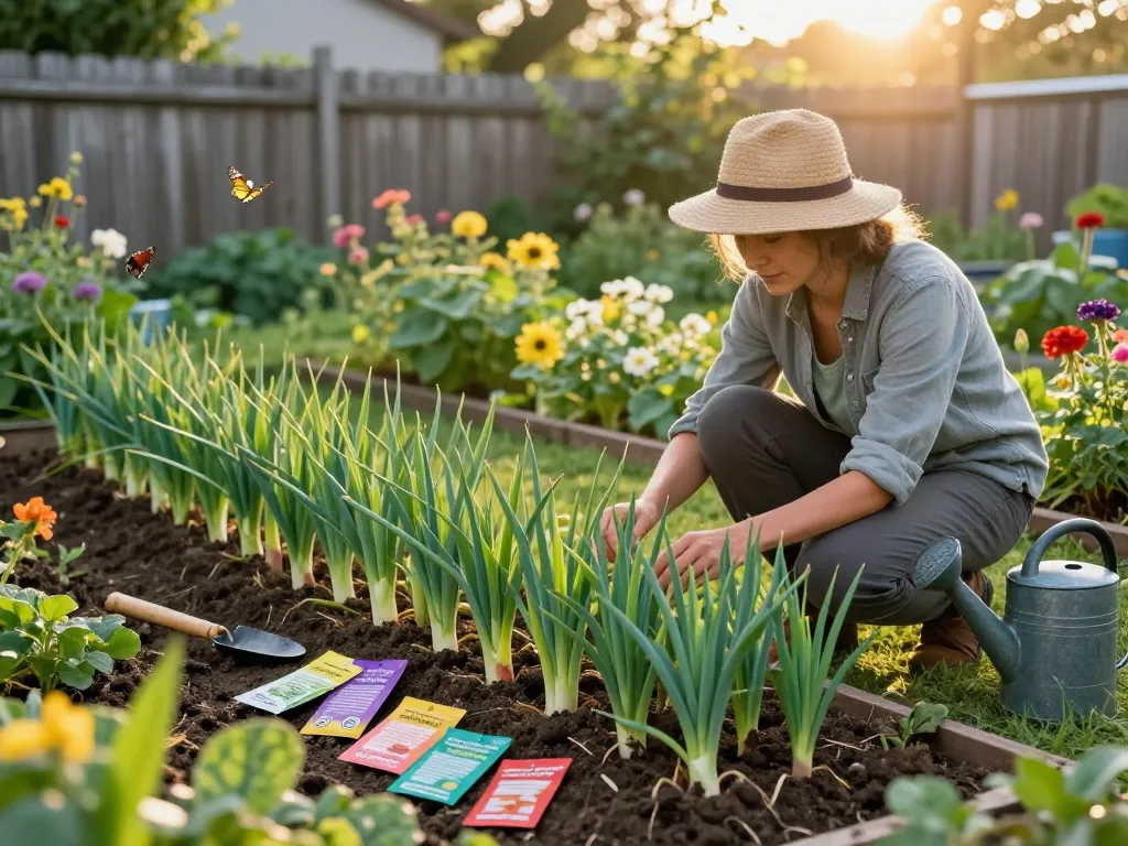 Gardeners nurturing sommerporree in a vibrant home garden at sunset.