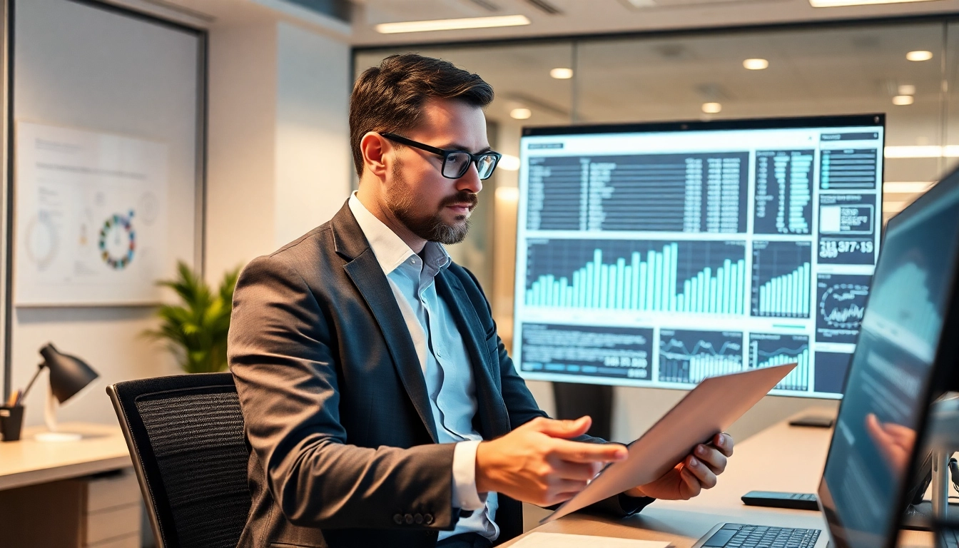 Unternehmensberatung: Ein Unternehmensberater analysiert Geschäftsdaten in einem modernen Büro.