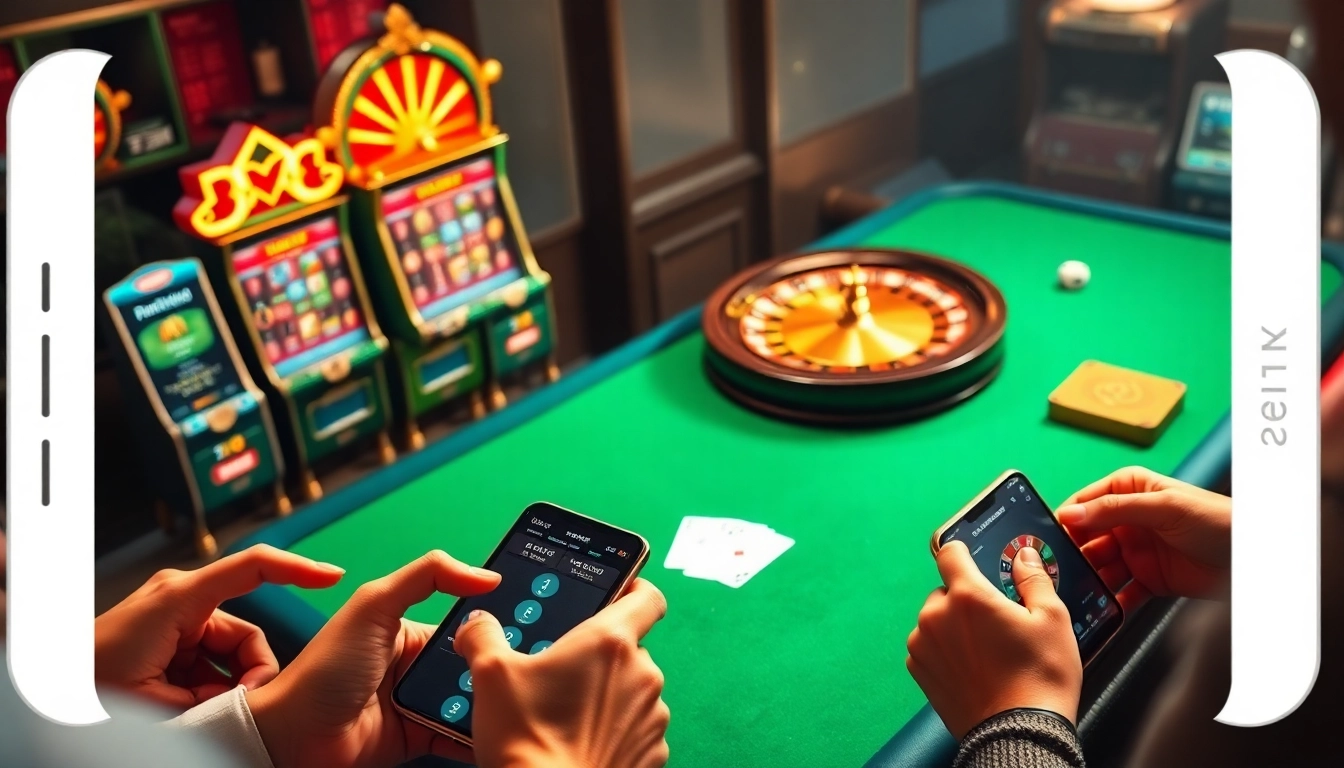 Engaging scene illustrating link 12bet as players enjoy online gambling with vibrant slot machines, a roulette wheel, and poker cards.
