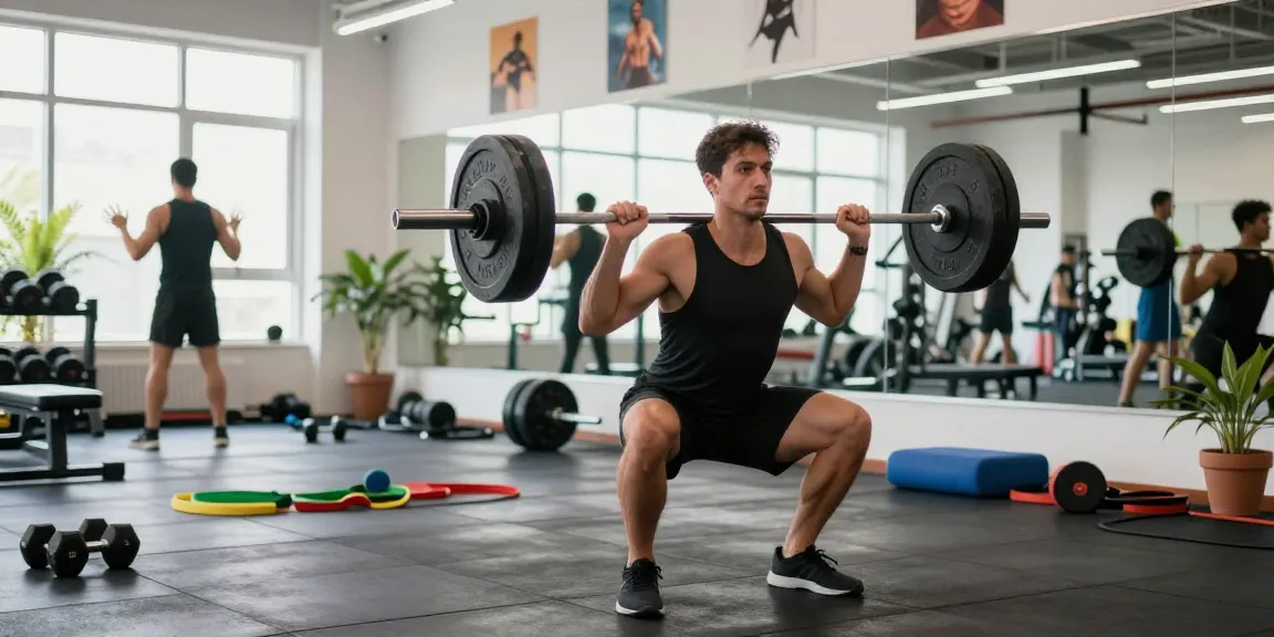 Ein Athlet im Steroidshop-Fitnessstudio, der einen Langhantel-Kniebeuge ausführt und Krafttraining mit professionellem Fitnessgerät demonstriert.