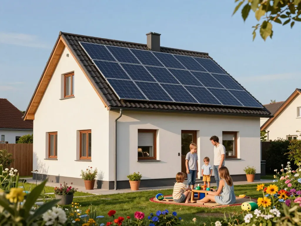 Solar Wien Hausbesitzer genießen den Gartenbereich mit Solarpanels auf dem Dach, die nachhaltiges Leben fördern.