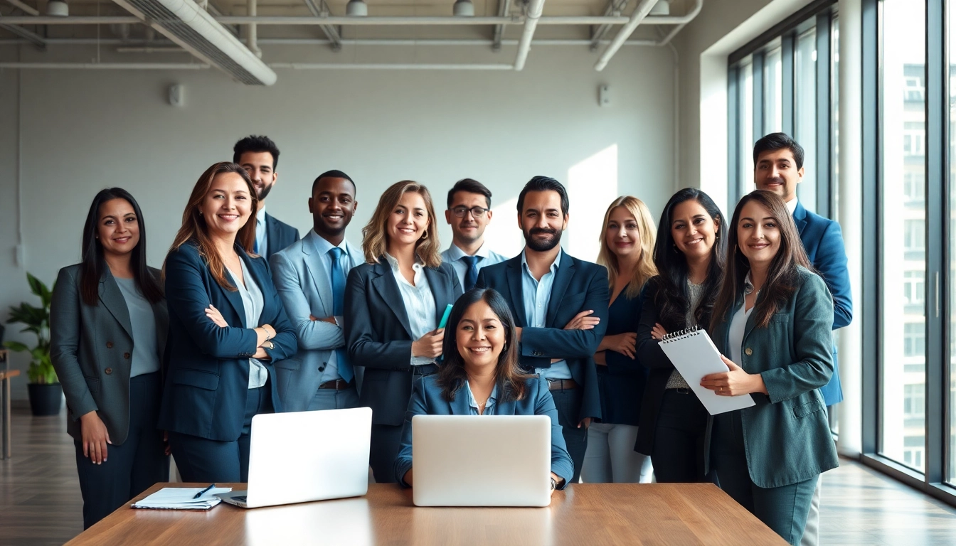 Using the best headshot AI generator, a diverse group of professionals poses confidently in a bright office.
