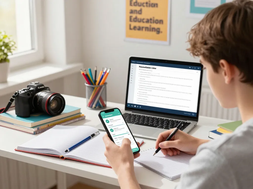 Student, der eine Hausaufgaben Löser-App auf dem Smartphone in einer gemütlichen Lernumgebung mit Lehrbüchern und Schreibwaren nutzt.