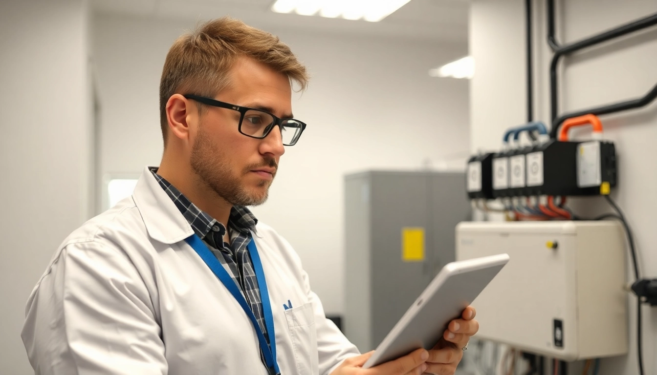 Prüfer bei der DGUV V3 Prüfung elektrischer Geräte in einem modernen Büro, Sicherheitsfokus und professionelle Dokumentation.