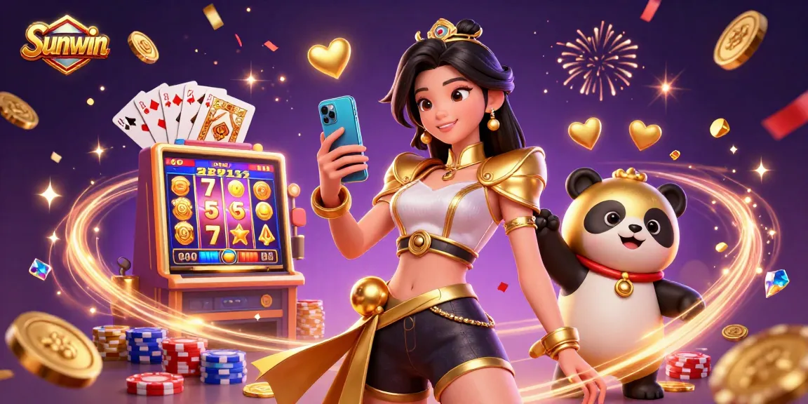 Activate your fun at Sunwin with a vibrant 3D digital illustration of an Asian woman enjoying a casino game.