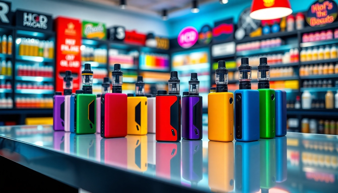 Genießen Sie hqd vape Produkte in einem modernen Vape-Shop, mit attraktiver Anordnung und lebendigen Farben.
