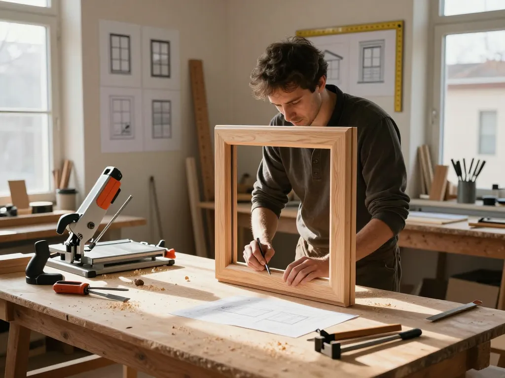 Handwerker arbeitet an Holzfensterrahmen in einer Fensterbauwerkstatt.