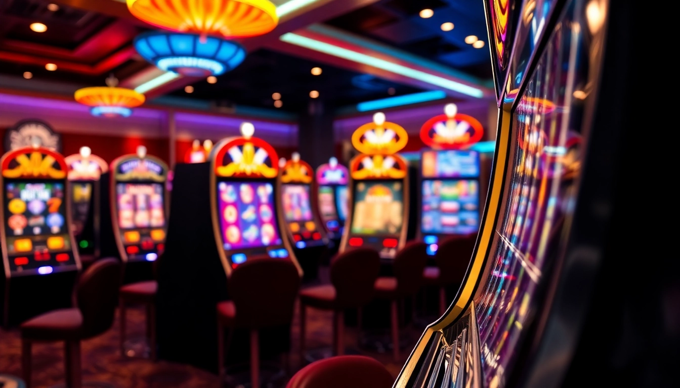 Gewinne mit dem Casino Bonus an einem glänzenden Spielautomaten, umgeben von bunten Lichtern und lebhafter Atmosphäre.