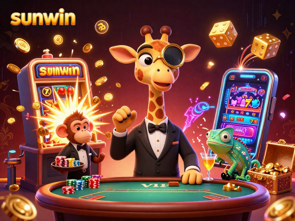 Play and win big with Sunwin in this vibrant 3D illustration filled with casino excitement.