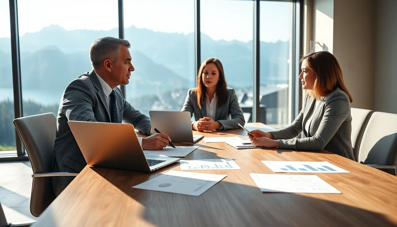 Headhunter Schweiz berät einen Klienten in einem modernen Büro mit Bergblick.