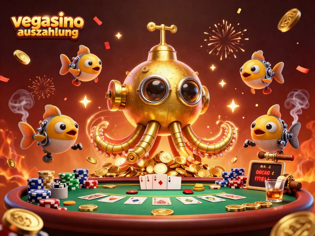 Experience vegasino auszahlung with a dynamic illustration of a golden kraken and poker elements.