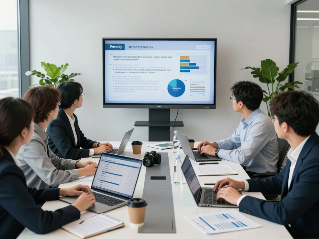 Startseite für Datenschutzexperten in einem modernen Büro, Team bei Besprechung.