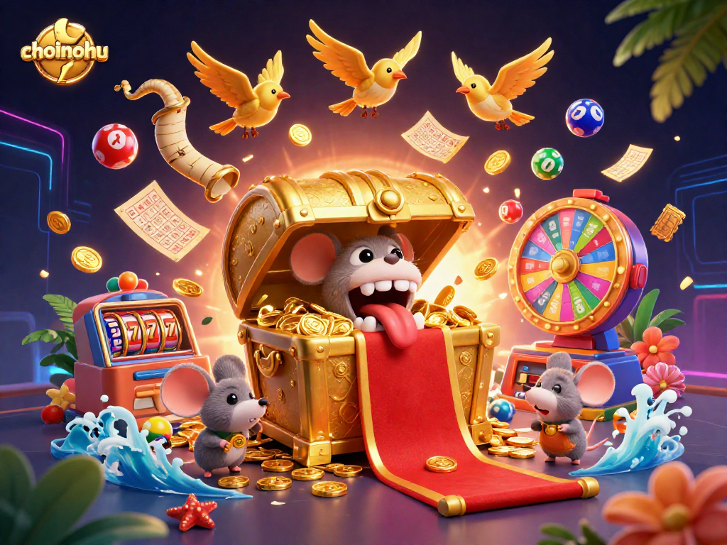 Spin the dynamic lottery scene at choinohu with vibrant colors, exciting prizes, and luring treasure chests.