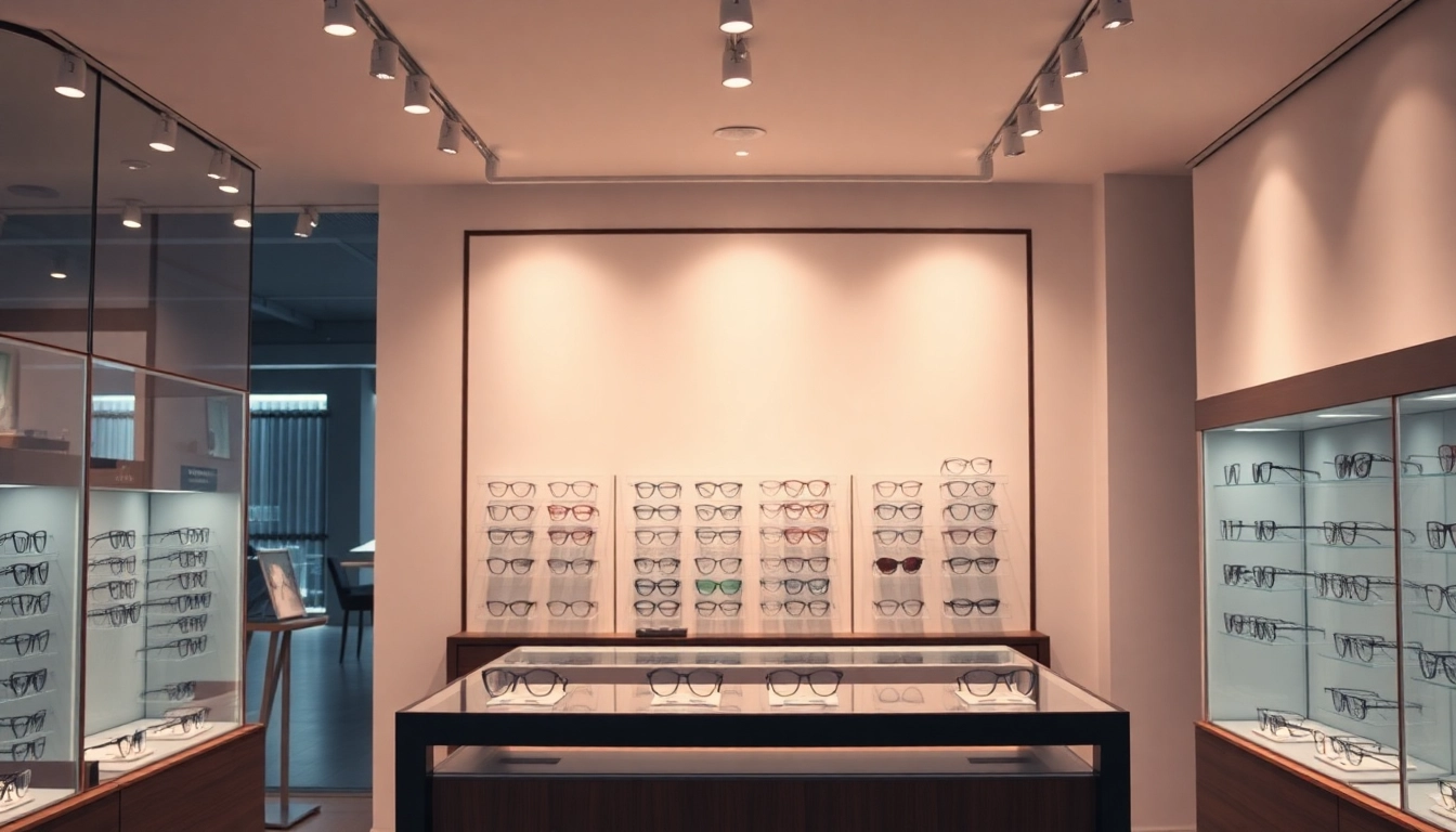 Präsentation von Brille Nürnberg in einem stilvollen Optikgeschäft mit verschiedenen Brillengestellen.