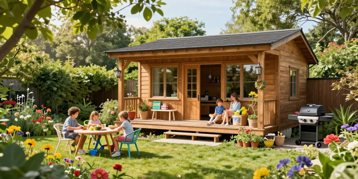 Gartenhaus kaufen: Modernes Gartenhaus in einem blühenden Garten mit Familie beim Entspannen und Gärtnern
