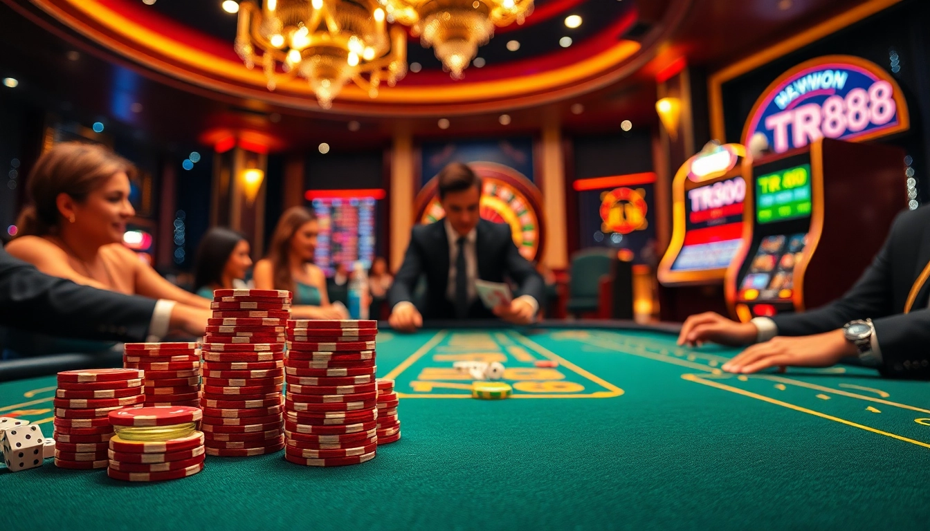 Players strategizing at a poker table in a vibrant casino featuring TR88 poker chips.