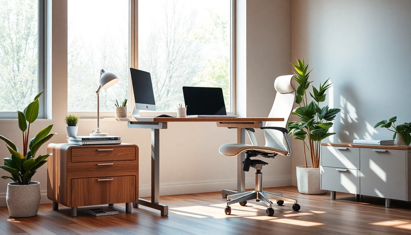Büromöbel in einer modernen Büroeinrichtung mit ergonomischem Schreibtisch und Stuhl.