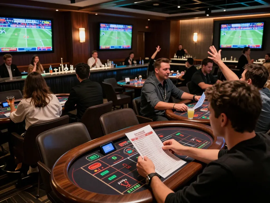 Placing bets in fabet sports lounge with live screens showing events and engaged players.