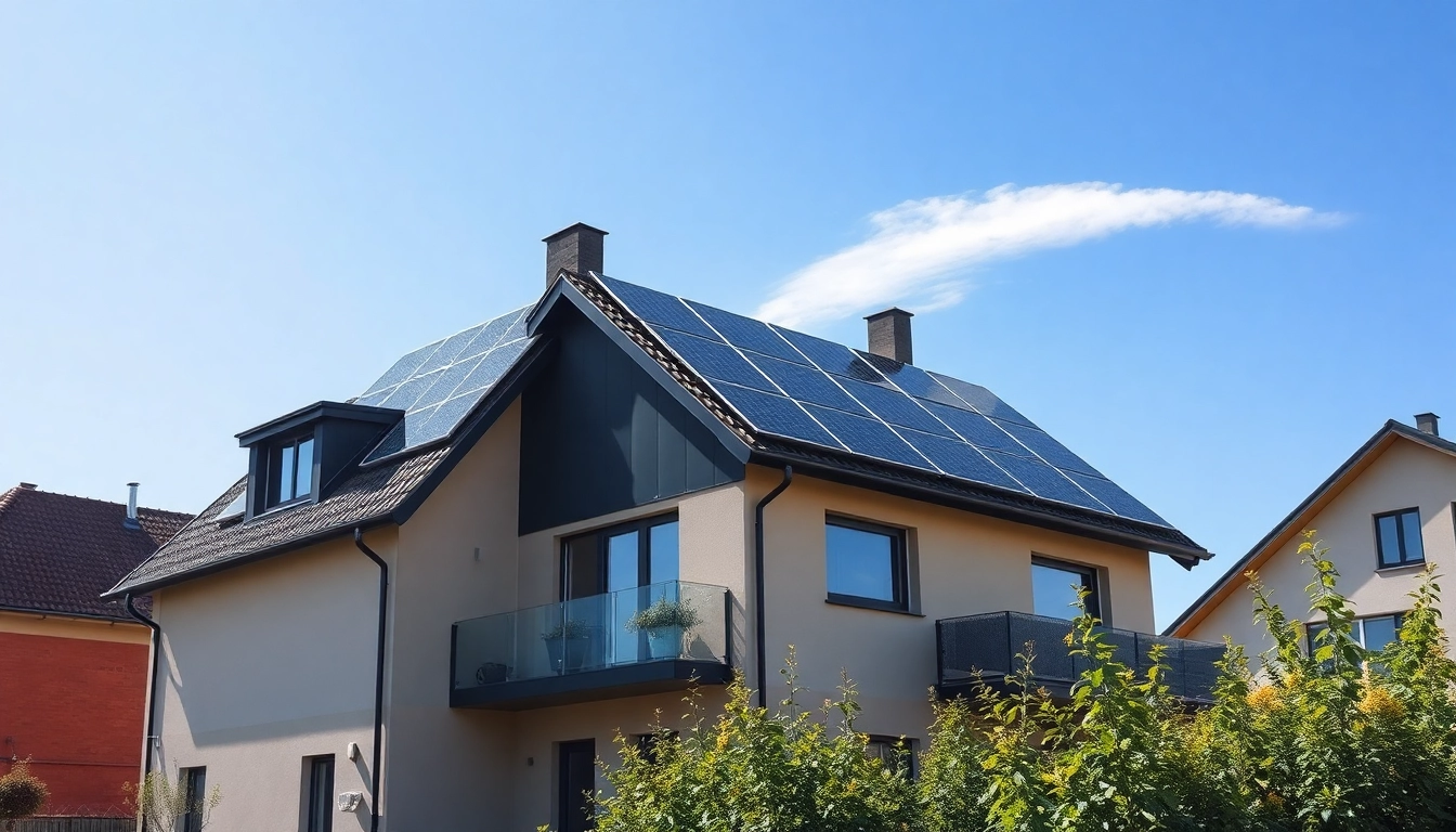 Solaranlage kaufen für Ihr Zuhause mit modernem Design und optimaler Effizienz auf einem klaren Himmel hinterlegt.