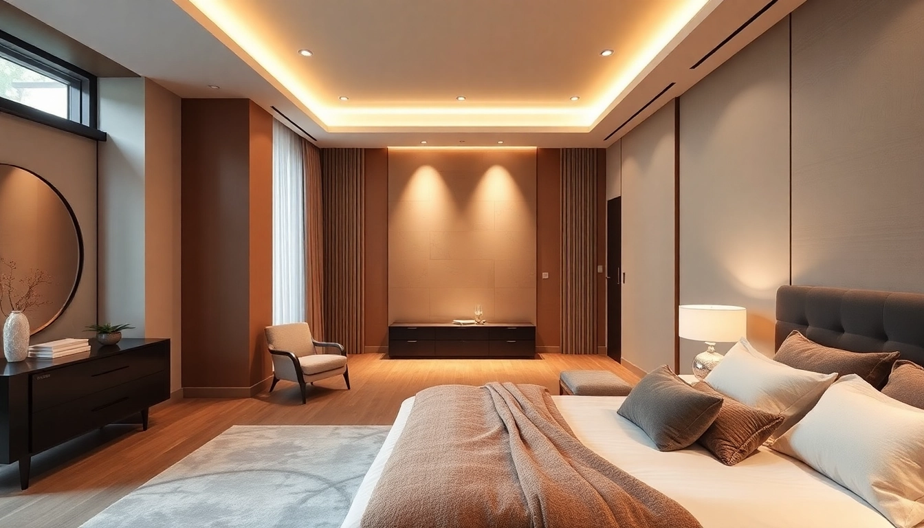 Luxury bedroom showcasing plush textiles and warm lighting for a serene atmosphere.