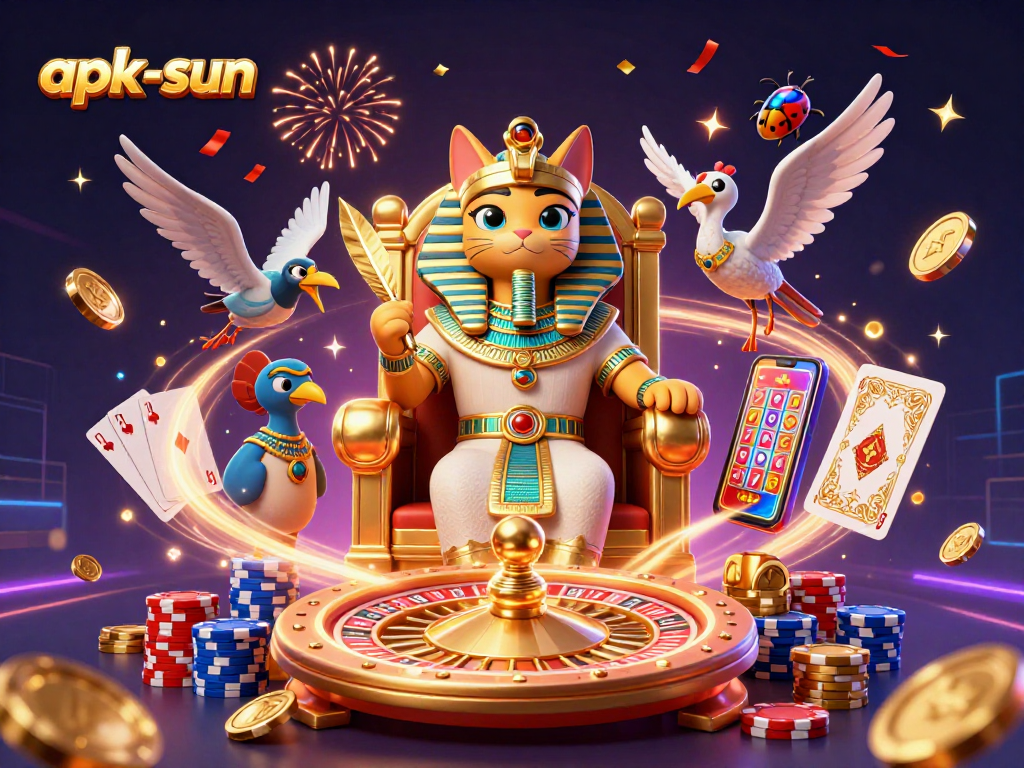 Win big with apk-sun: a vibrant illustration showcasing a casino scene filled with gold and jewels.