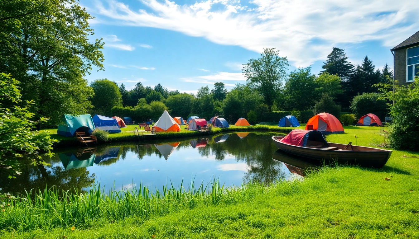 Experience the beauty of giethoorn camping with a serene lake and colorful tents in a tranquil setting.